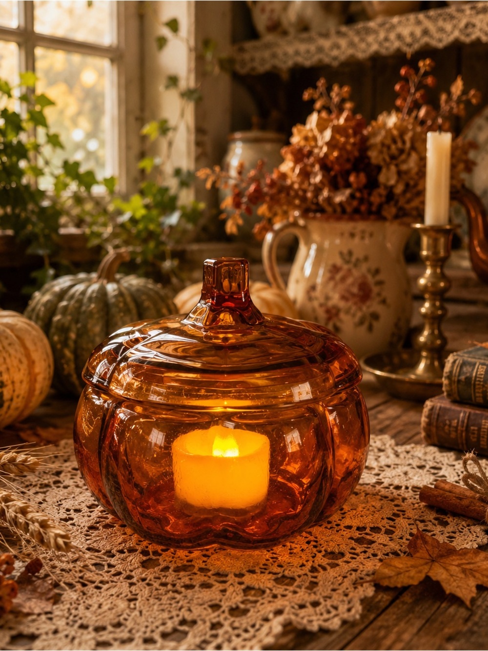 Vintage Amber Glass Pumpkin Fairy Lamp | Lidded Glass Autumn Cottagecore Decor